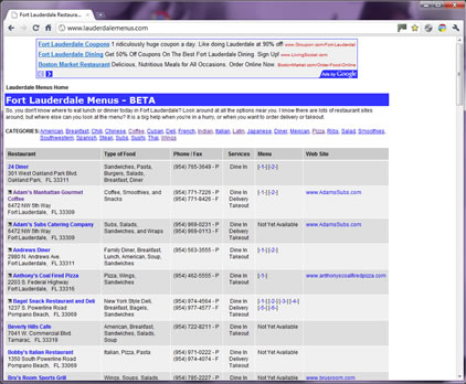 Fort Lauderdale Menus Screen